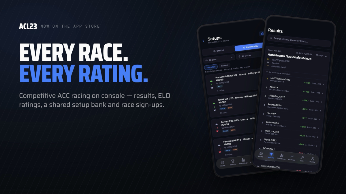 ACL23 — now on the App Store. Every race. Every rating. Competitive ACC racing on console: results, ELO ratings, a shared setup bank and race sign-ups.