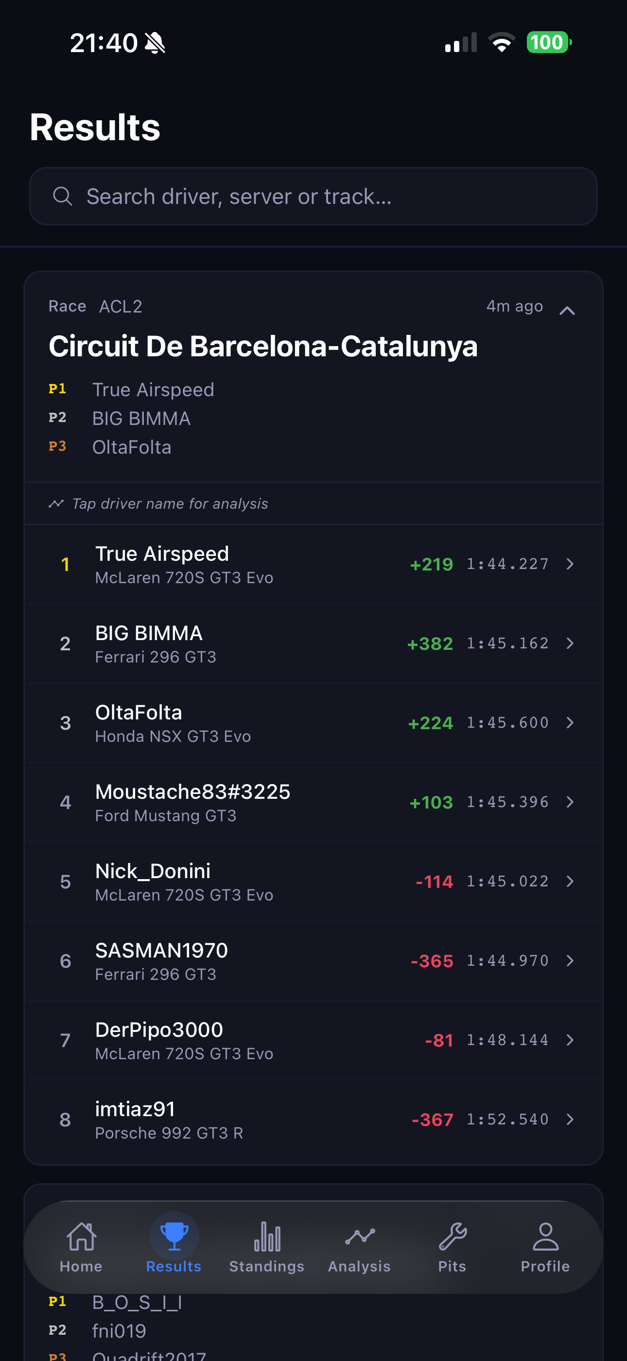 Results tab expanded