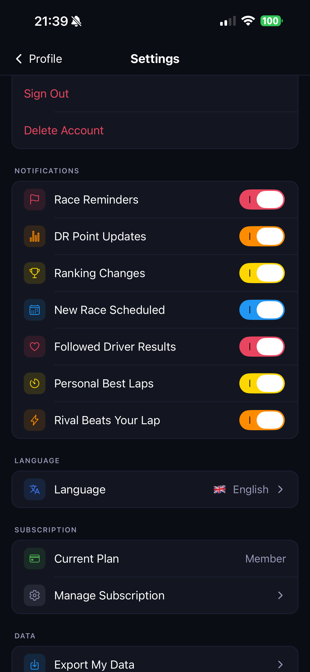 Settings notification toggles