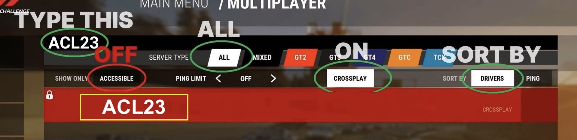 ACC Multiplayer filter bar set to: search 'consoles', Server Type ALL, Accessible OFF, Ping Limit OFF, Crossplay ON, Sort By DRIVERS — with the red ACL23 server highlighted.